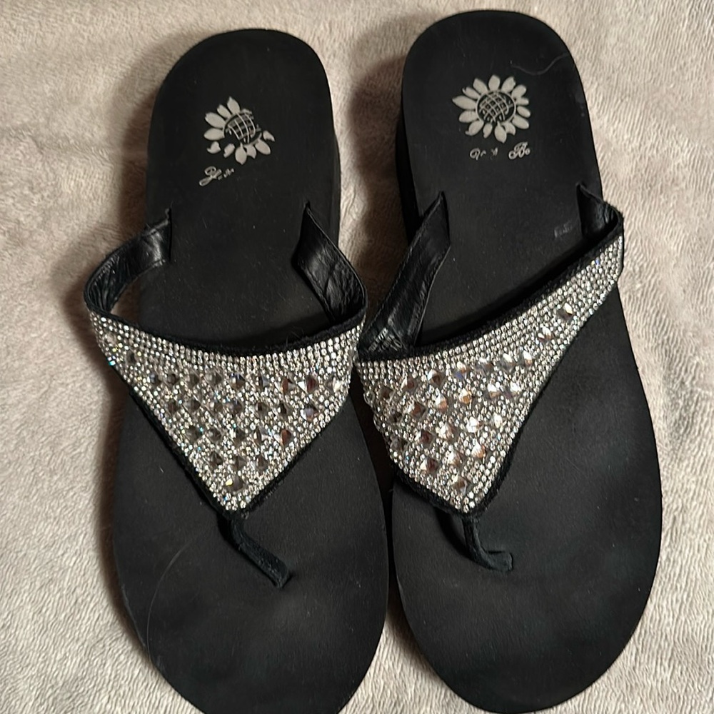 Yellow Box rhinestone embellished wedge sandals W10 GUC